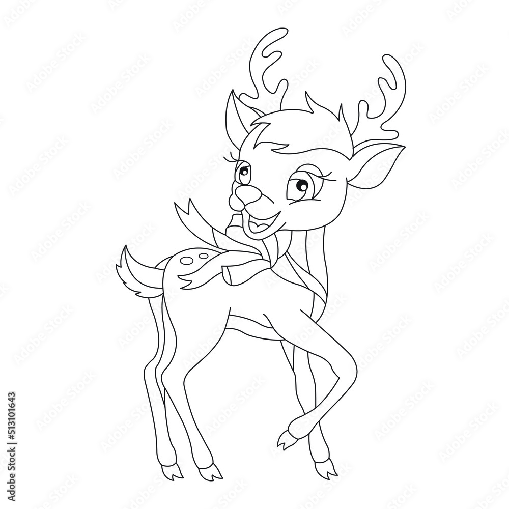 Fototapeta premium Cute deer coloring page for kids animal outline reindeer coloring book cartoon vector illustration