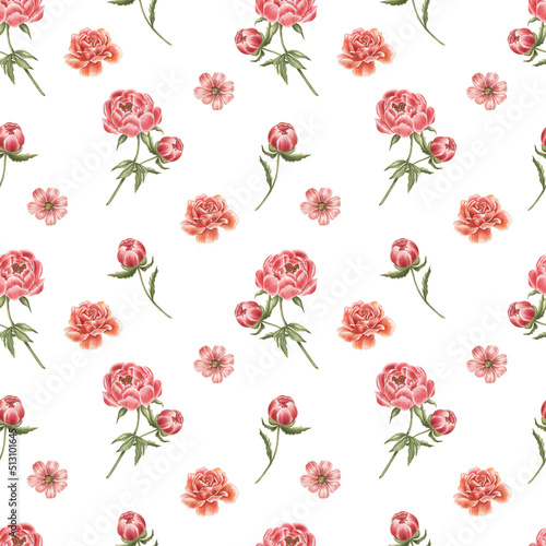Seamless watercolor pattern of peony flowers.