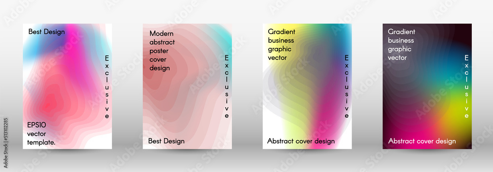 Set for liquid. Holographic abstract backgrounds. Bright mesh blurred pattern in pink, blue, green tones. Fashionable advertising vector in retro for book, annual, mobile interface, web application.