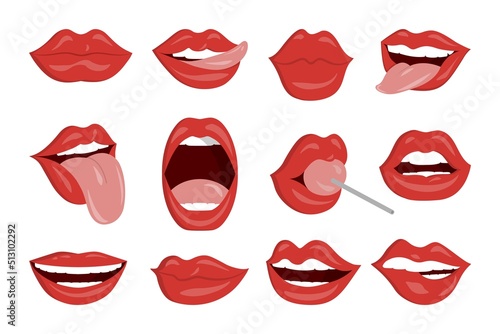 Lip and kiss. Woman sexy smile with lipstick and tongue. Girls mouth expression. Hot female for cosmetic icon. Bright makeup. Lollipop candy. Sensual face parts set. Vector illustration
