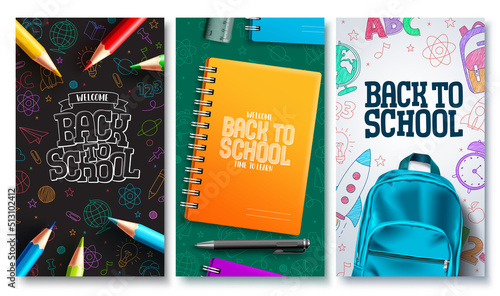 School back vector poster set. Back to school text background collection for educational promo design. Vector Illustration. 
