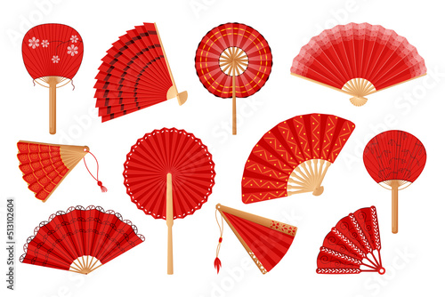 Japanese and Chinese fans. Oriental Japan collection in traditional paper style. Asian souvenirs set for art festival. Vector open and closed accessories with bamboo handles and ornaments