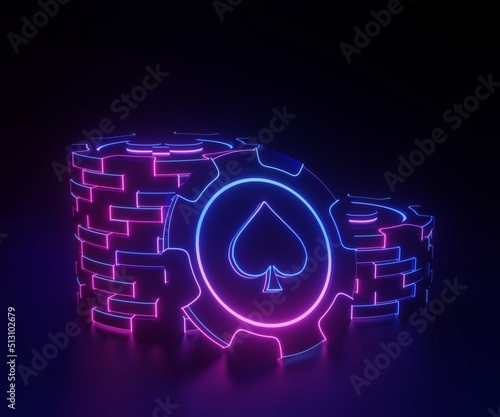Photography Casino chips with glowing neon lights isolated on the black background - 3d illu