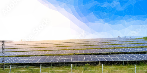 Vector photovoltaic field in sunset. Low Poly Art. 