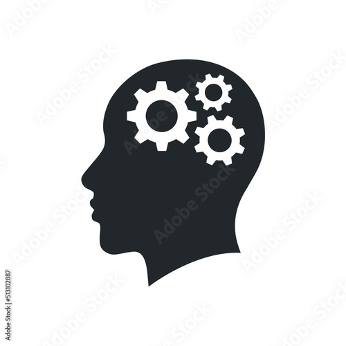 flat vector image on a white background, head icon with gears inside, brain work