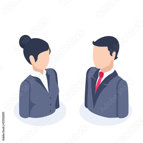 isometric vector illustration isolated on white background, icons of man and woman in business suits, business people avatar