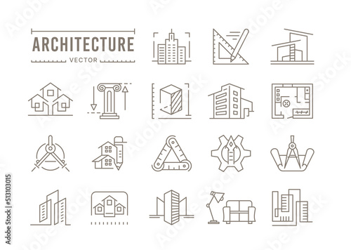 Architecture icons. Construction line logo. Building project plan. House design and 3d structure. Real estate scheme. Apartment interior. Architect company emblem. Outline vector set