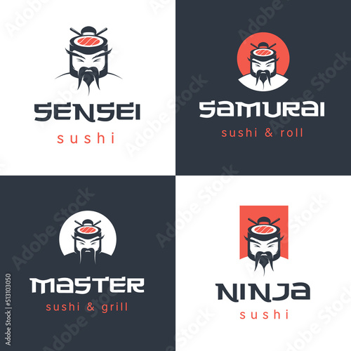 Vector logo template for sushi and rolls bar or restaurant. Set of japanese or chinese traditional food icon.