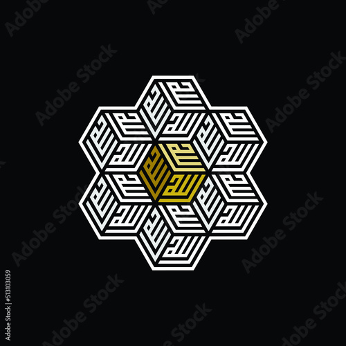 Arabic calligraphy of the name of Allah (God) in hexagon or cube shape.