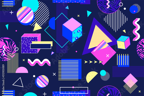 Retro 1980s seamless pattern. Pop texture with lightning space colors, bright geometric forms, summer fun drawing with trendy hipster lines. Abstract background vector graphic illustration