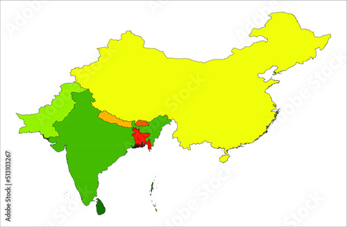 South Asia Countries with China vector map illustration on white background , 2d flat illustration