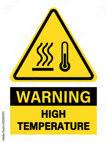 Warning, high temperature. Yellow triangle sign with the simbols of thermometer and  heat waves. Text. 