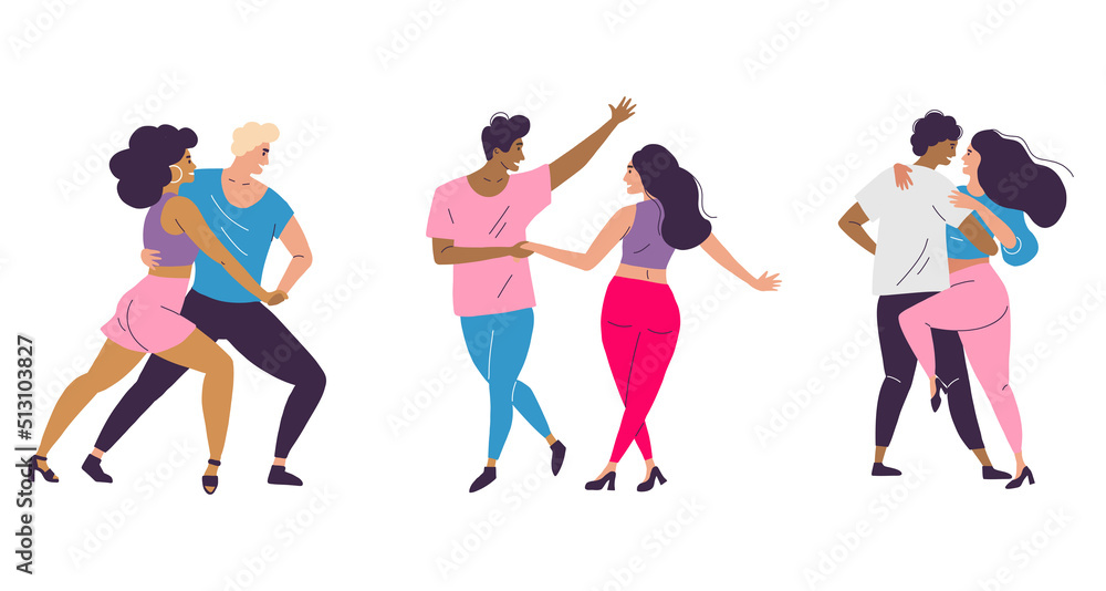 Dancers dance a dance in different poses. Men and women dance salsa, bachata and Latin dances at a party. Dance School and competition Dancers dance a dance in different poses. Men and women dance salsa, bachata and Latin dances at a party. Dance School and competition