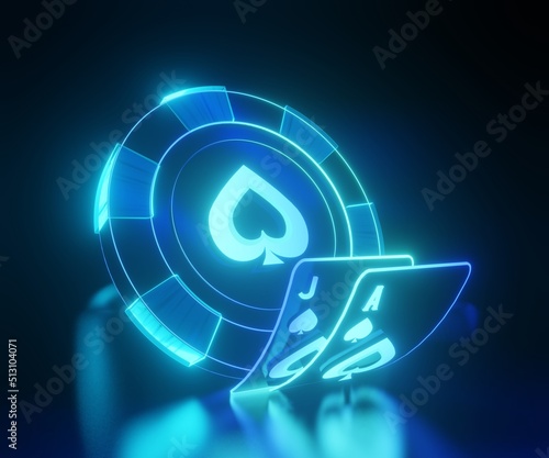 Photography Blackjack poker casino cards and chip with glowing neon lights on black backgrou