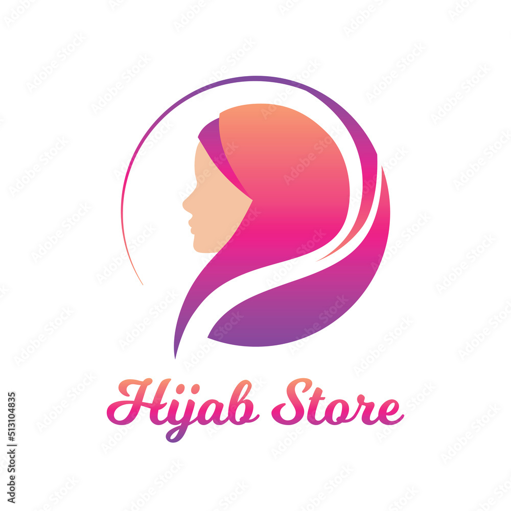 Muslim woman wearing hijab. Fashion logo design vector symbol. Scarf logo template for shop, store, print. Pink, violet and white.