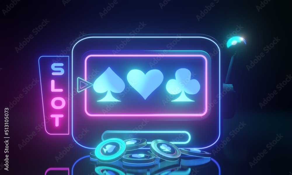 Neon light slot casino machine with cards poker. Futuristic slot machine concept - 3d illustration
