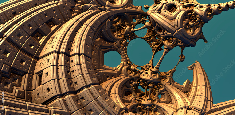 Gold construction and structures, abstract metallic fantastic shapes of ancient civilization architecture machinery