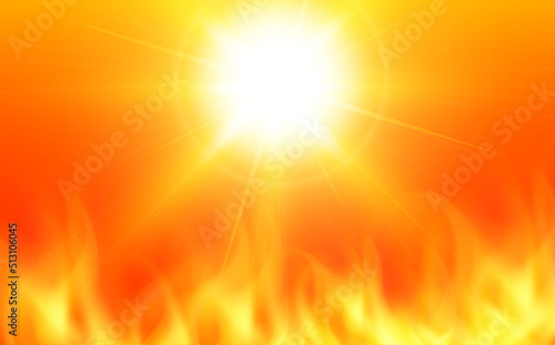 The sun in flames, an orange background with flames as a symbol of fires and ...