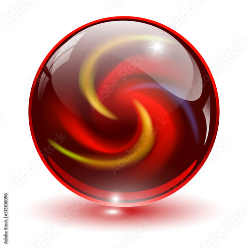 3D crystal, red glass sphere with abstract spiral shape inside, interesting marble ball.