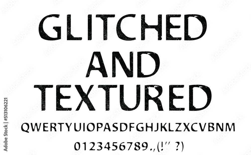 Glitch distorted font .  alphabet .Minimal art design . Textured letterpress typography . Glitched text .Broken effect lettering .vector 