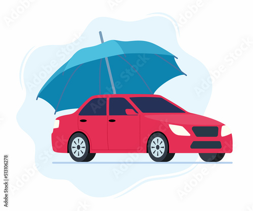 Car insurance concept illustration. Umbrella that protects automobile. Insurance policy. Vector.