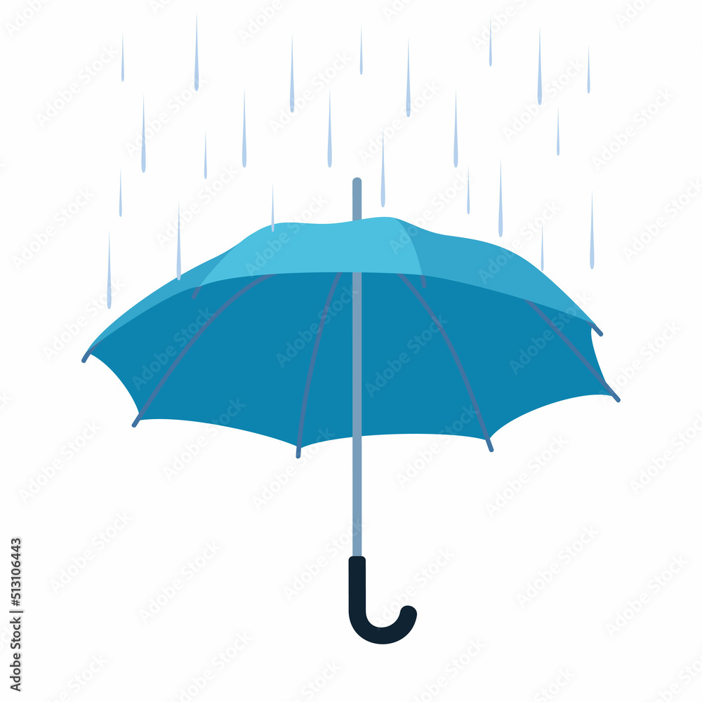 Colorful umbrella. Blue accessory with handle protection from rain, isolated on white background. Seasonal safety stylish rainy weather symbol. Vector illustration.
