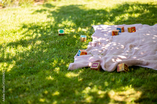 pink picnic blanket with wooden toy blocks on grass at sunny summer day, outdoor toddler place to have fun photo