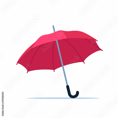 Colorful umbrella. Red accessory with handle protection from rain isolated on white background. Seasonal safety stylish rainy weather symbol. Vector illustration.