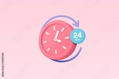 3d alarm clock 24 hours icon for speed delivery concept. Pink watch minimal design concept of time, service and support around clock, 24 hours a day. 3d clock icon vector rendering illustration photo