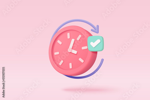 3d alarm clock icon for succress delivery concept. Pink watch minimal design concept of time, service and support around clock. 3d clock icon vector rendering illustration photo