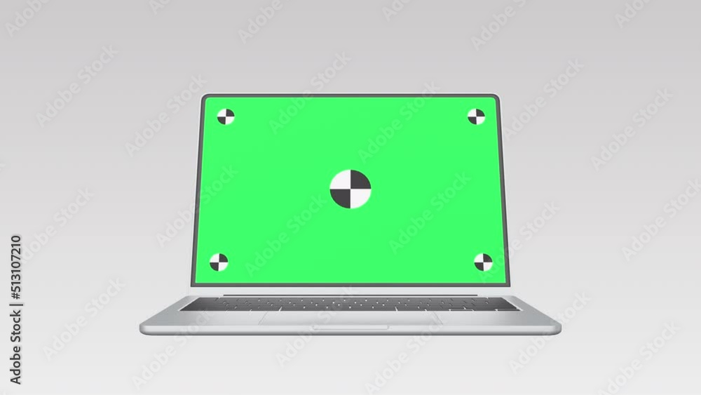Realistic thin laptop computer 3d animation. Highly detailed metallic notebook open cover with green screen on white background. Zoom in display with mark spot ready to track your own photo or video. Realistic thin laptop computer 3d animation. Highly detailed metallic notebook open cover with green screen on white background. Zoom in display with mark spot ready to track your own photo or video.