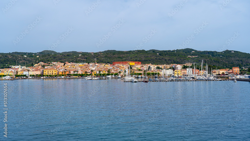 Carloforte. Sardegna. Wonderful cityscape of the town from the boat that is approaching the island. Carloforte is the main city of the San Pietro island