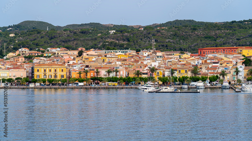 Obraz premium Carloforte. Sardegna. Wonderful cityscape of the town from the boat that is approaching the island. Carloforte is the main city of the San Pietro island