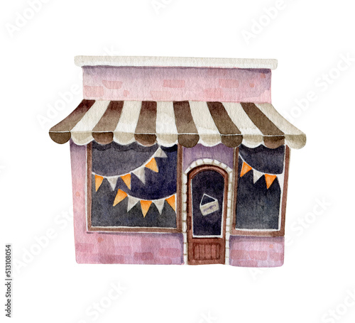 A small shop decorated with flags with a sign on the door. Watercolor illustration isolated on white background.