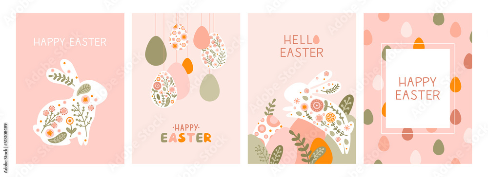 Set postcard template with a silhouette Easter eggs, rabbit and flowers in flat style. Illustration holiday easter hare and eggs in pastel colors and space for your text. Vector Set postcard template with a silhouette Easter eggs, rabbit and flowers in flat style. Illustration holiday easter hare and eggs in pastel colors and space for your text. Vector