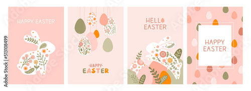 Set postcard template with a silhouette Easter eggs, rabbit and flowers in flat style. Illustration holiday easter hare and eggs in pastel colors and space for your text. Vector