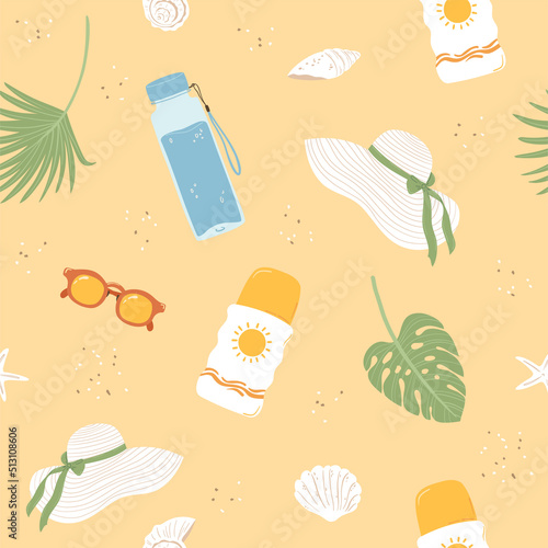 Pattern sunscreen with SPF. Illustration hand drawn summer cosmetic in flat style for wallpaper, fabric and textiles.. Skin care products, skin from uv. Vector. Illustration.