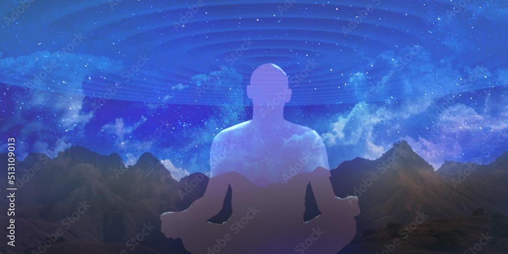 Yoga meditation illustration, silhouette of man practicing outdoors