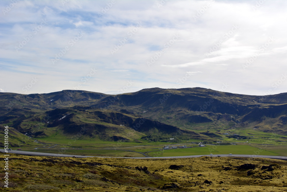 Basaltic hills of Iceland covered with green mosses
