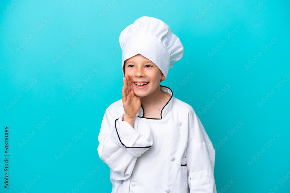 Little chef boy isolated on blue background shouting with mouth wide open to the side Little chef boy isolated on blue background shouting with mouth wide open to the side