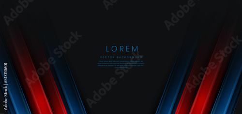 Abstract red and blue gradient geometric diagonal layer on black background with copy space for text.