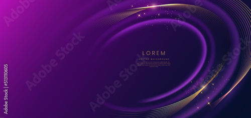 Abstract luxury golden lines curved overlapping on dark blue and purple background with lighting effect spakle. Template premium award ceremony design. photo