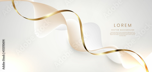 Abstract 3d gold curved white and gold ribbon on grey background with lighting effec and copy space for text. Luxury design style.