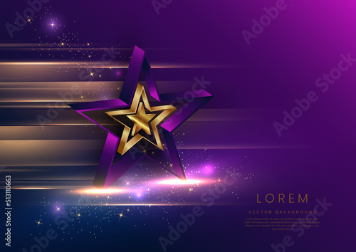 3d golden star with golden on dark blue and purple background with lighting effect and spakle. Template luxury premium award design.