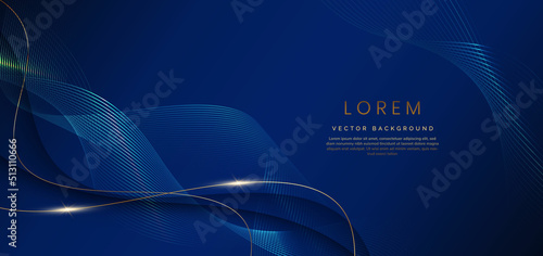 Abstract luxury golden lines curved overlapping on dark blue background. Template premium award design. photo