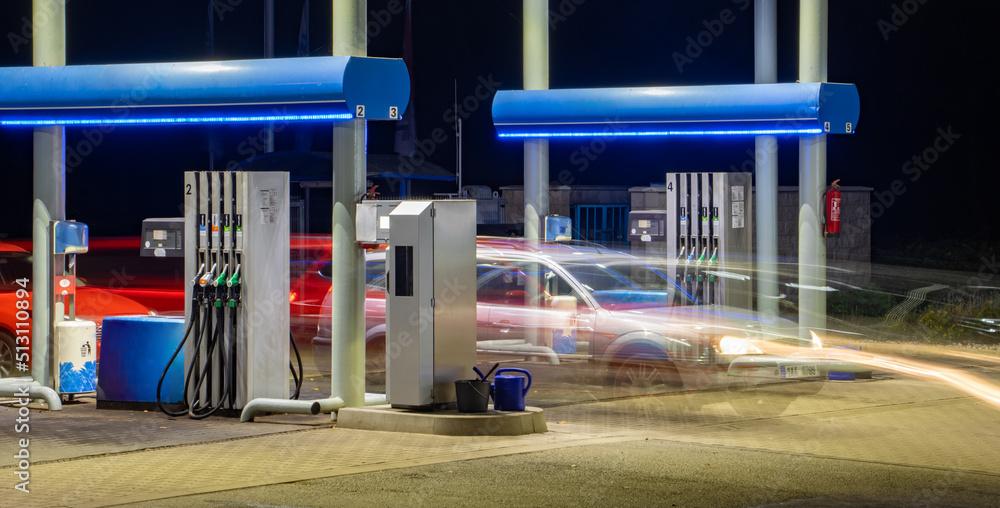 A Night traffic at the gas station.