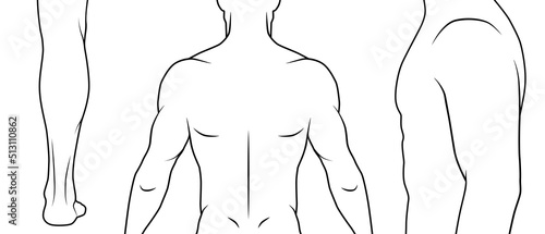 Vector outline illustration male body. Parts of body for tattoo example, sport, medical illustrations. Black and white. 