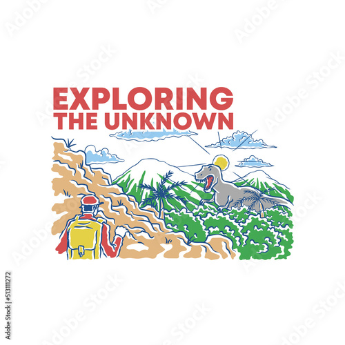 vintage illustration of men watching dinosaur in the jungle