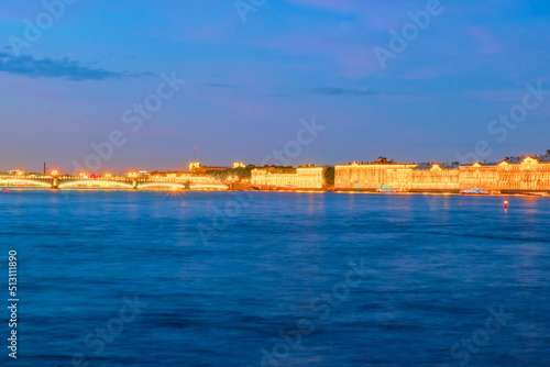 Winter Palace and Neva River in St. Petersburg during the White Night, Russian.