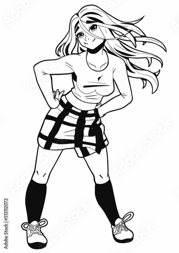A stylish cute girl drawn in the style of Japanese manga comics stands leaning forward, she has long blond hair, a long-sleeved jacket, a plaid skirt